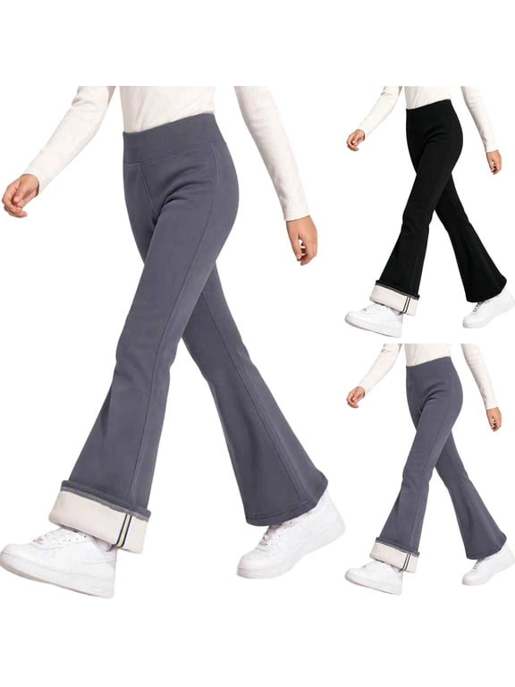 Fleece Lined Flare Pants for Girls Winter Warm Yoga Leggings Teens Workout Cozy Bell Bottom Trousers