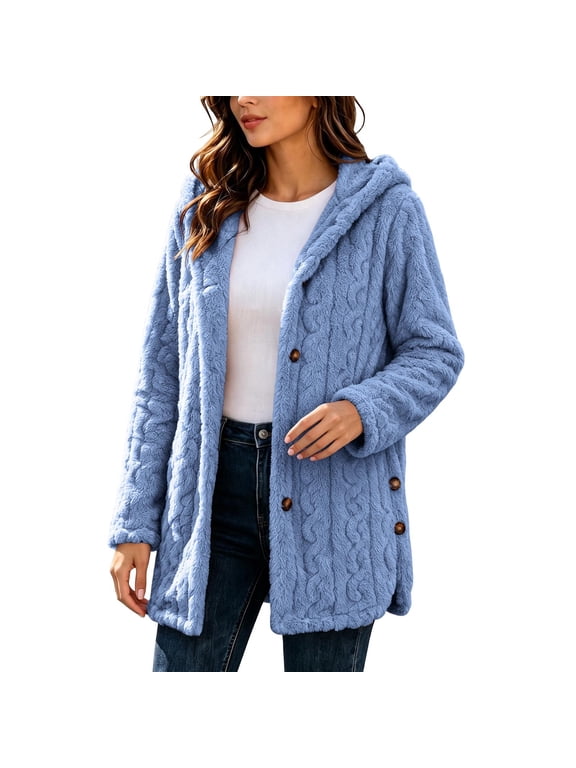 Fuzzy Fleece Jackets for Women Cable Knit Hooded Coat Long Sleeve Button Down Winter Warm Cardigan with Pockets