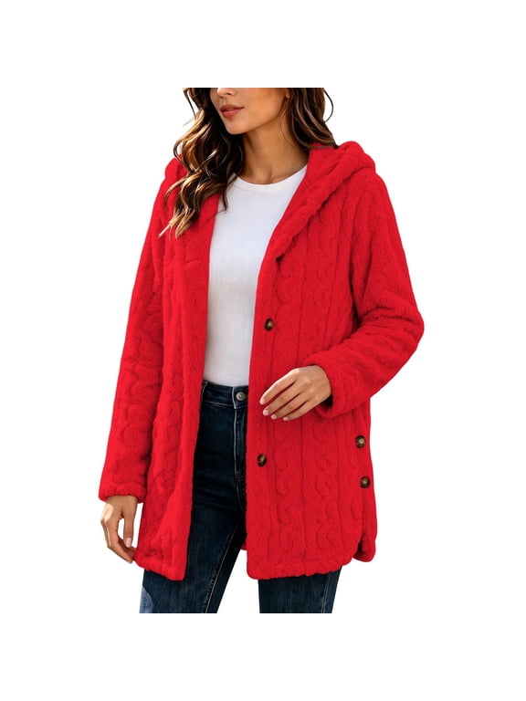 ‌Fuzzy Fleece Jackets for Women Cable Knit Hooded Coat Long Sleeve Button Down Winter Warm Cardigan with Pockets