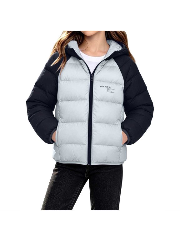Girl's Color Block Hooded Puffer Jacket, Zip Up Quilted Coat with Pockets, Winter Warm Outerwear for Girls 3-12 Years