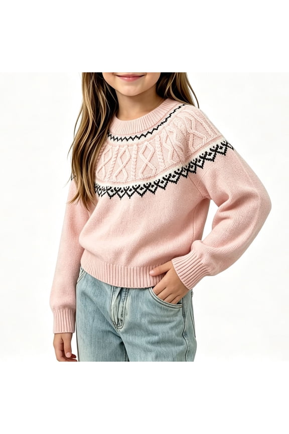 Girl's Crewneck Pullover Sweater, Girls Jacquard Knit Sweaters, Trendy Fall Winter Warm Tops 1-8 Years