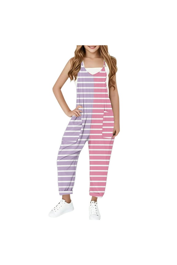 Girl's Striped Sleeveless Jumpsuits Spaghetti Straps Harem Long Pants Rompers With Pockets Kids Casual Overalls Pants 5-14Y