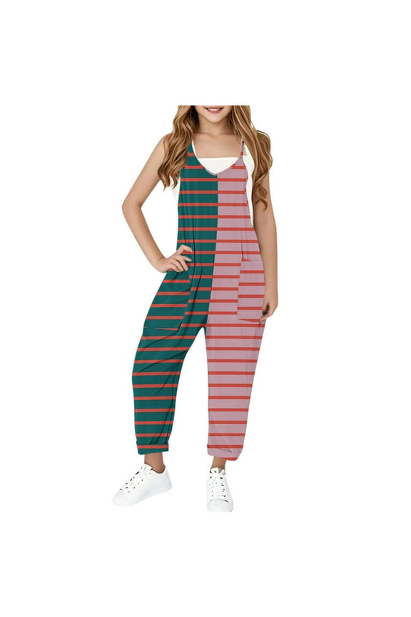 Girl's Striped Sleeveless Jumpsuits Spaghetti Straps Harem Long Pants Rompers With Pockets Kids Casual Overalls Pants 5-14Y