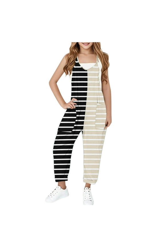 Girl's Striped Sleeveless Jumpsuits Spaghetti Straps Harem Long Pants Rompers With Pockets Kids Casual Overalls Pants 5-14Y