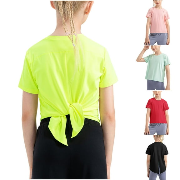 Fancifize Girls Athletic Crop Tops Kids Short Sleeve Back Tie Summer Dance T-Shirts Teens Quick Dry Workout T-Shirts Activewear Tops 4-12Y