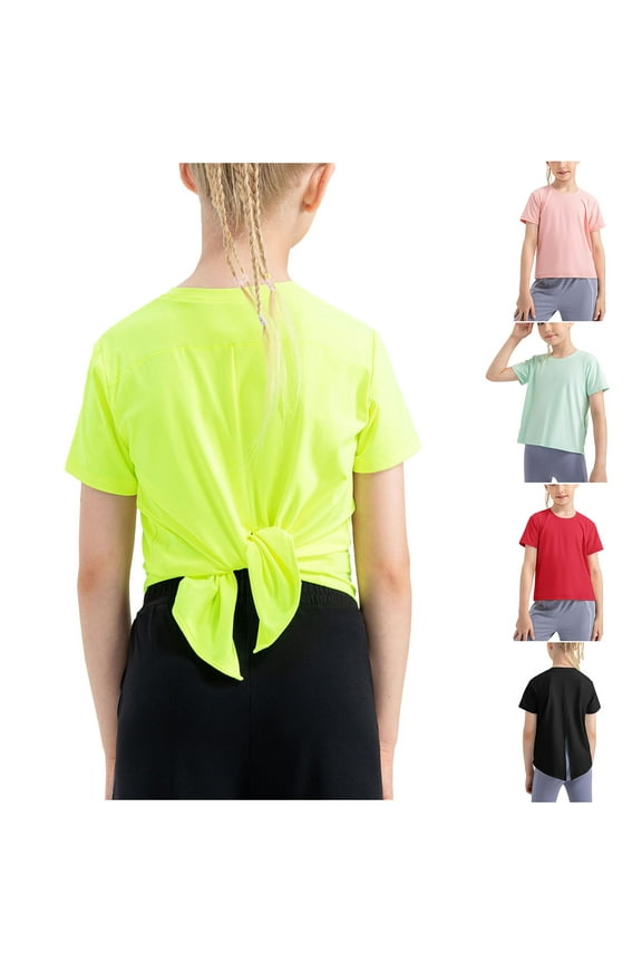 Girls Athletic Crop Tops Kids Short Sleeve Back Tie Summer Dance T-Shirts Teens Quick Dry Workout T-Shirts Activewear Tops 4-12Y