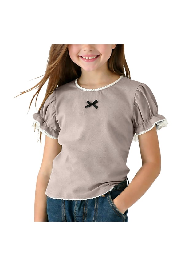 Girls Boys Puff Short Sleeve Shirts Casual Breathable Summer Vacation Clothes Kids Crew Neck Comfy Tops