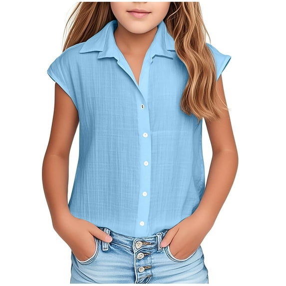 Fancifize Girls Button Down Shirts Cotton Linen Cap Sleeve Collared Blouses Solid Loose Casual Cotton Tops 3-14Y