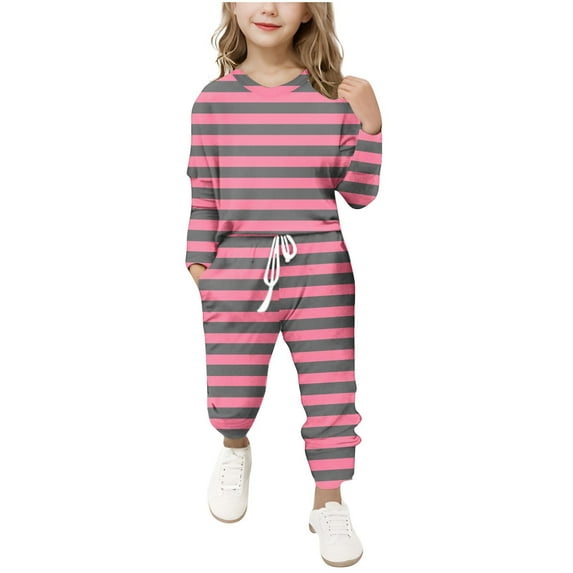 Fancifize Girls Clothing Sets Stylish Striped Sweatsuit Tracksuits Casual Crewneck Long Sleeve Shirt and Jogger Pants Set 2 Piece Outfits