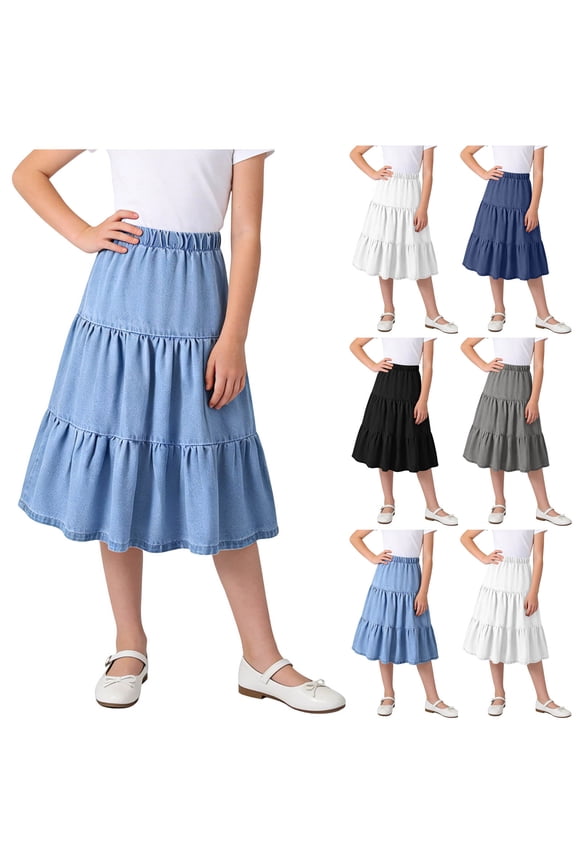 Girls Faux Denim Tiered Skirt Kids Casual Elastic Waist A Line Tiered Ruffle Midi Skirts 4-15 Years