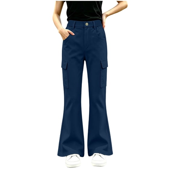 Fancifize Girls Flare Leg Cargo Pants, School Uniform Flat Button Pants for Teens, Cozy Bell Bottom Trouser with Pockets 5-15 Years