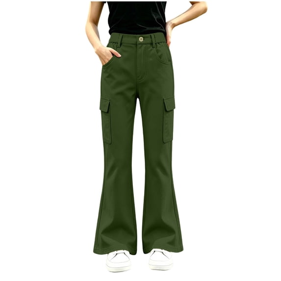 Fancifize Girls Flare Leg Cargo Pants, School Uniform Flat Button Pants for Teens, Cozy Bell Bottom Trouser with Pockets 5-15 Years