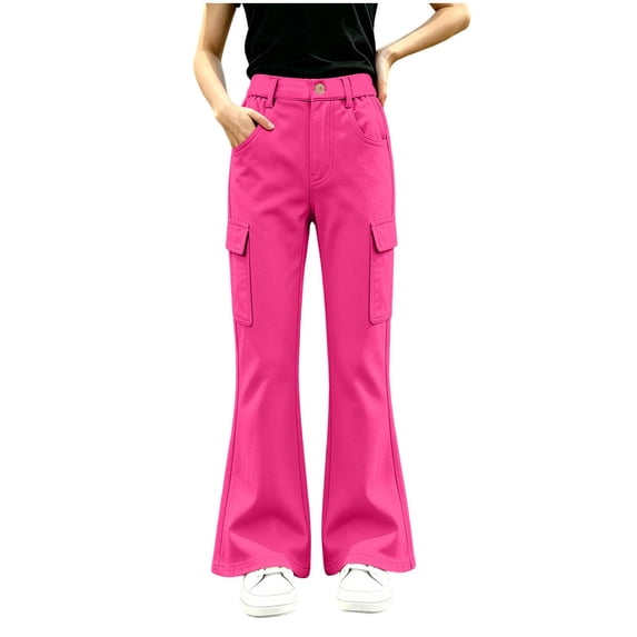 Fancifize Girls Flare Leg Cargo Pants, School Uniform Flat Button Pants for Teens, Cozy Bell Bottom Trouser with Pockets 5-15 Years