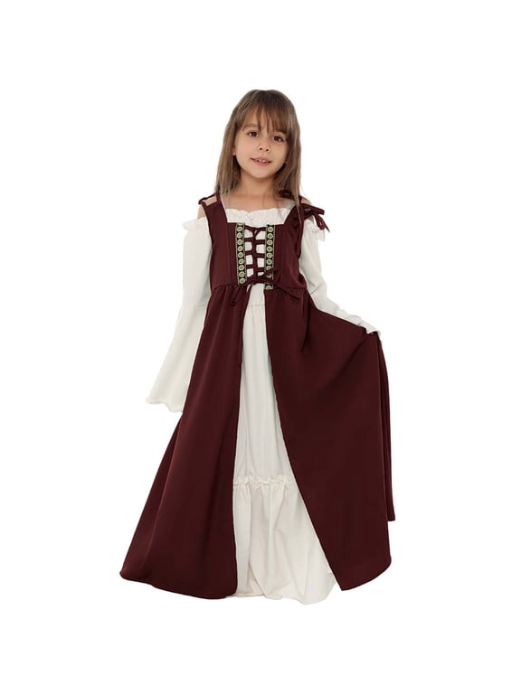Girls Halloween Dress Medieval Vintage Cold Shoulder Long Dresses Retro Halloween Costume Elegant Patchwork Dressy Outfits