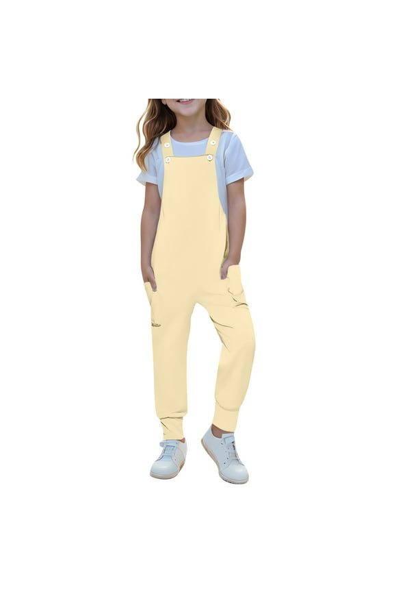 Girls Jumpsuit Sleeveless Romper Jogger Pants Overalls for Kids Casual Loose Jumpers with Pockets 5-14 Years