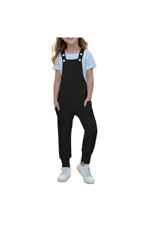 Girls Jumpsuit Sleeveless Romper Jogger Pants Overalls for Kids Casual Loose Jumpers with Pockets 5-14 Years