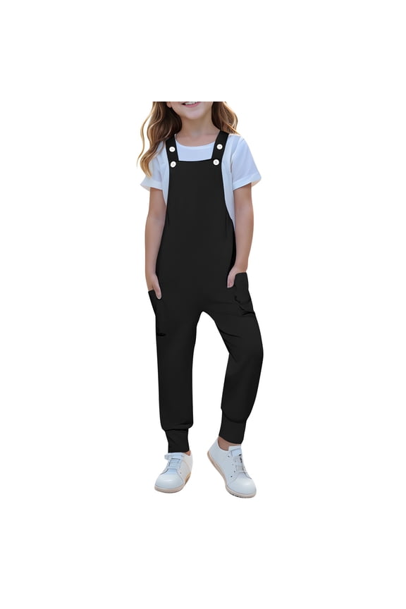 Girls Jumpsuit Sleeveless Romper Jogger Pants Overalls for Kids Casual Loose Jumpers with Pockets 5-14 Years