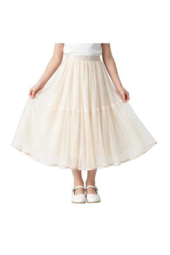 Girls' Mesh Midi Skirts Elastic High Waist A Line Flowy Tutu Skirt Kids Double Layer Skirts
