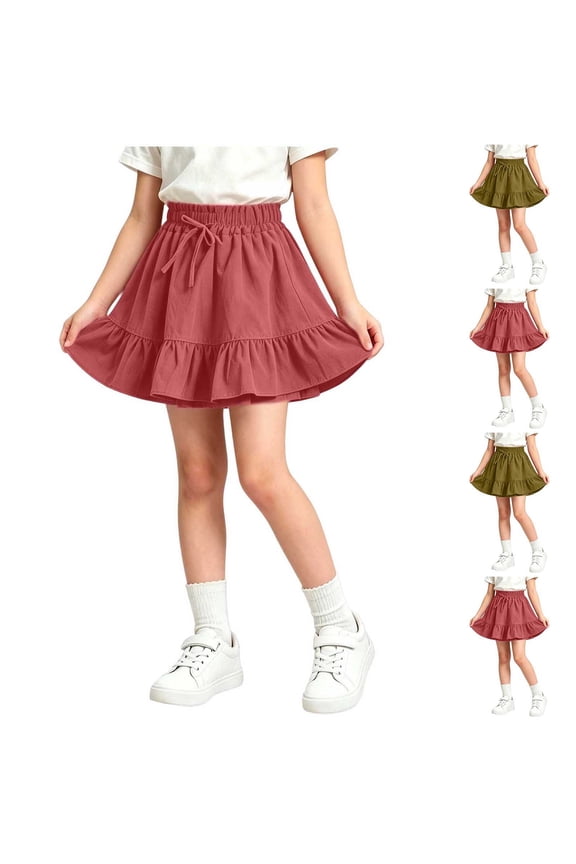 Girls' Mini Skirts Elastic High Waist Ruffle Hem Skirts with Shorts Kids A Line Flowy Skorts