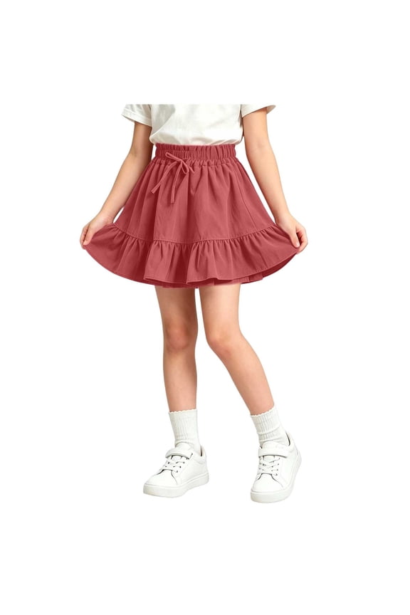 Girls' Mini Skirts Elastic High Waist Ruffle Hem Skirts with Shorts Kids A Line Flowy Skorts