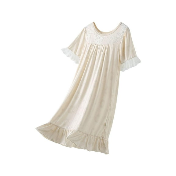 Fancifize Girls Nightgowns Pleated Short Sleeve Lace Sleepwear Ruffle Hem Long Pajama Kids Casual Comfy Loungewear Nightdress