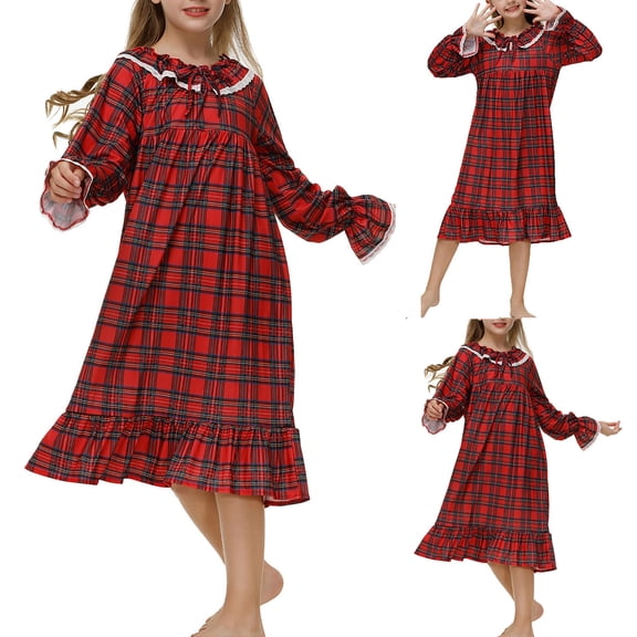 Fancifize Girls Plaid Nightgowns Cute Ruffle Long Sleeve Pajama Dress Kids Comfortable Casual Trendy Fall Nightdress Sleepwear Loungewear