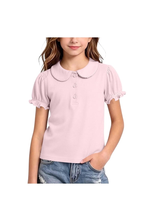 Girls Ruffle Short Sleeve Golf Shirts Kids Turn Down Button Collar School Uniform Pink Blouses 1-15 Years