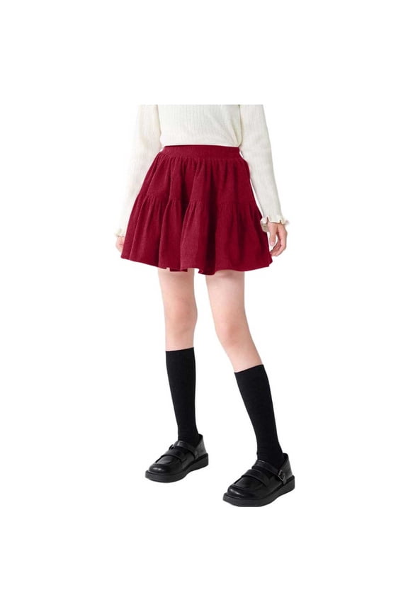 Girls School Uniform Skirts Pleated Corduroy Flared Skorts Solid Color Elastic Waist Skirts Casual Loose Clothes for Kids