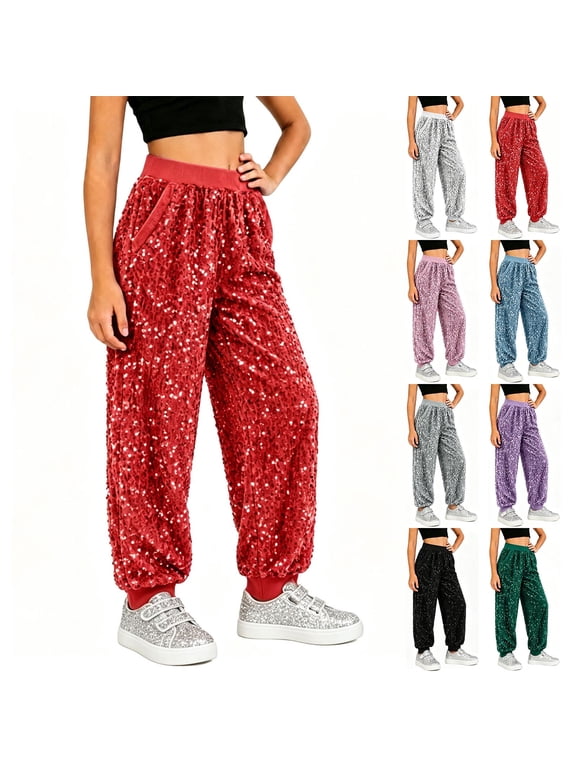 Girls Sequins Hip Hop Pants High Waist Sparkly Glitter Jazz Joggers Kids Trendy Performance Trouser for Dance