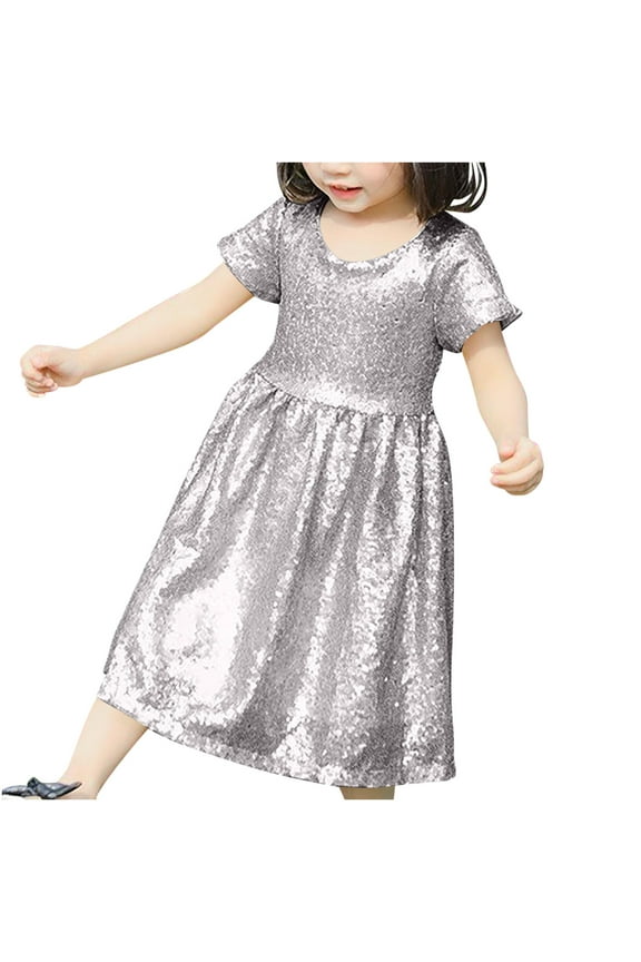 Girls Short Sleeve Sequin Dresses Toddler Baby Kids Sparkly Fancy Formal Party Dress Crew Neck Fashion A-Line Midi Dress 3-8 Years