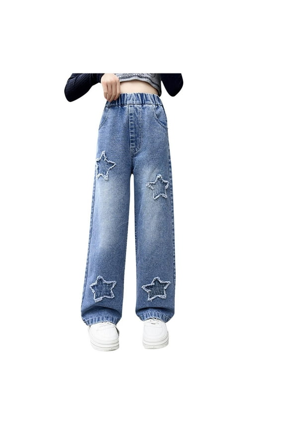 Girls' Star Embroidered Jeans - Straight Leg Denim with Elastic Waist Patriotic Style (5T-15)