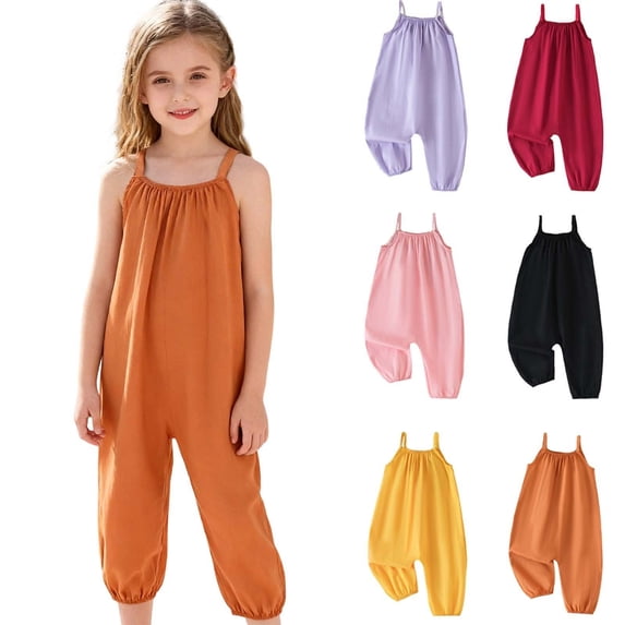 Fancifize Girls Summer Casual Overalls Loose Pleated Solid Color Harem Jumpsuits Kids Vacation Beach Rompers