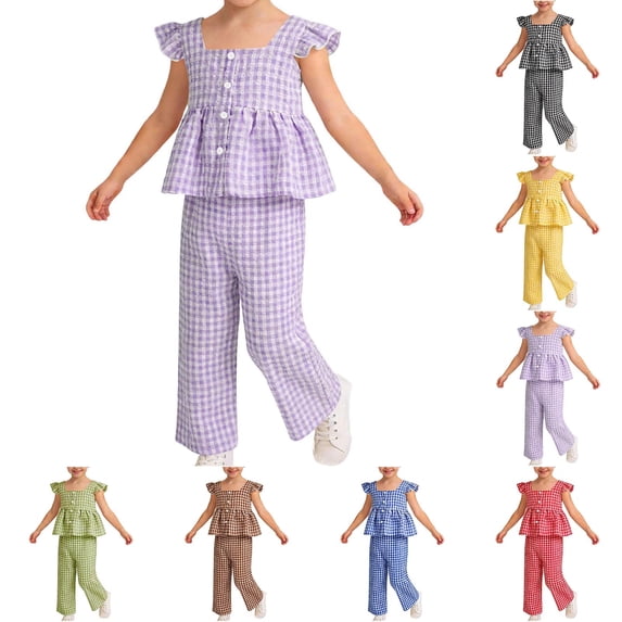 Fancifize Girls Summer Plaid Lounge Sets Casual Cap Sleeve Shirts Straight Leg Pants Kids Loose Ruffle Hem Outfits