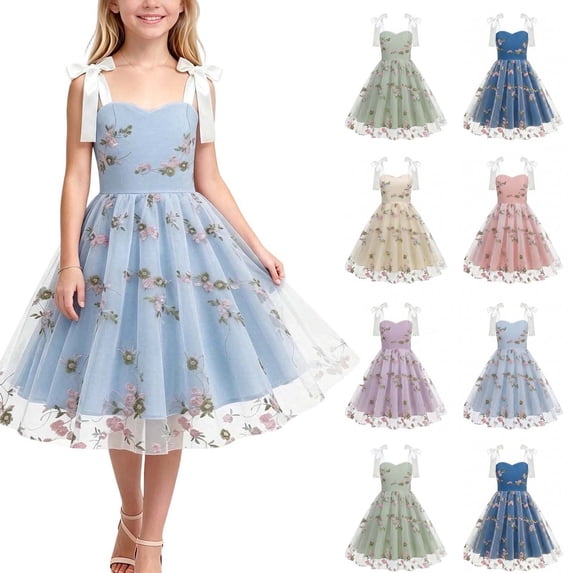 Fancifize Girls Tulle Floral Embroidered Midi Dress Bow Strap Sleeveless Princess Dresses for Party Wedding Birthday 5-11 Years