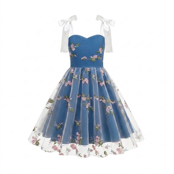 Fancifize Girls Tulle Floral Embroidered Midi Dress Bow Strap Sleeveless Princess Dresses for Party Wedding Birthday 5-11 Years