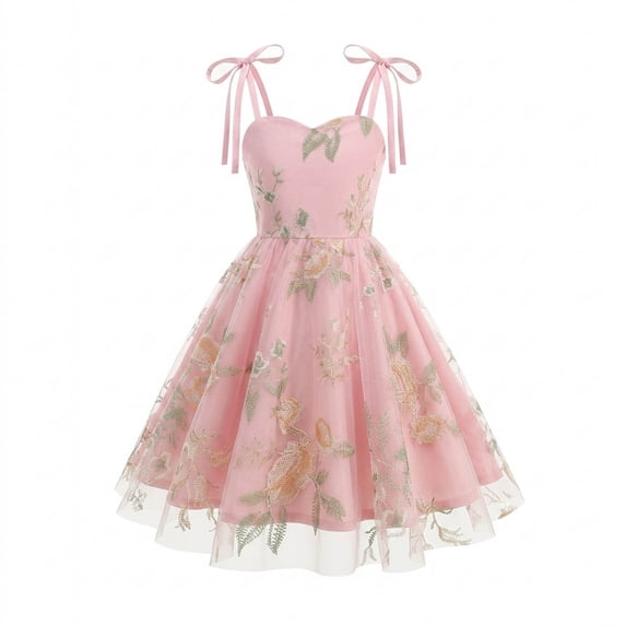Fancifize Girls Tulle Floral Embroidered Midi Dress Bow Strap Sleeveless Princess Dresses for Party Wedding Birthday 5-11 Years