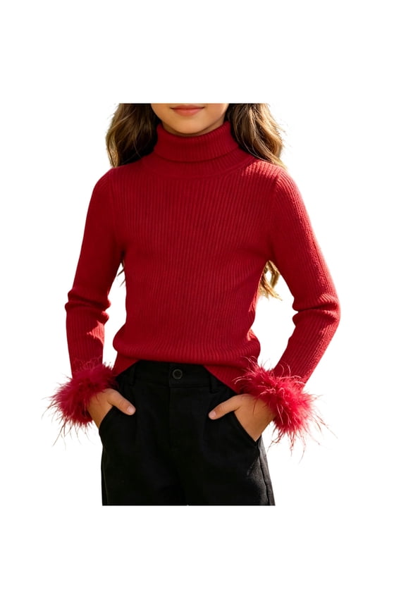 Girls Turtleneck Ribbed Knit Shirts Kids Cute Fuzzy Long Sleeve Texture Stretch Sweater Slim Cozy Pullover Tops,Red