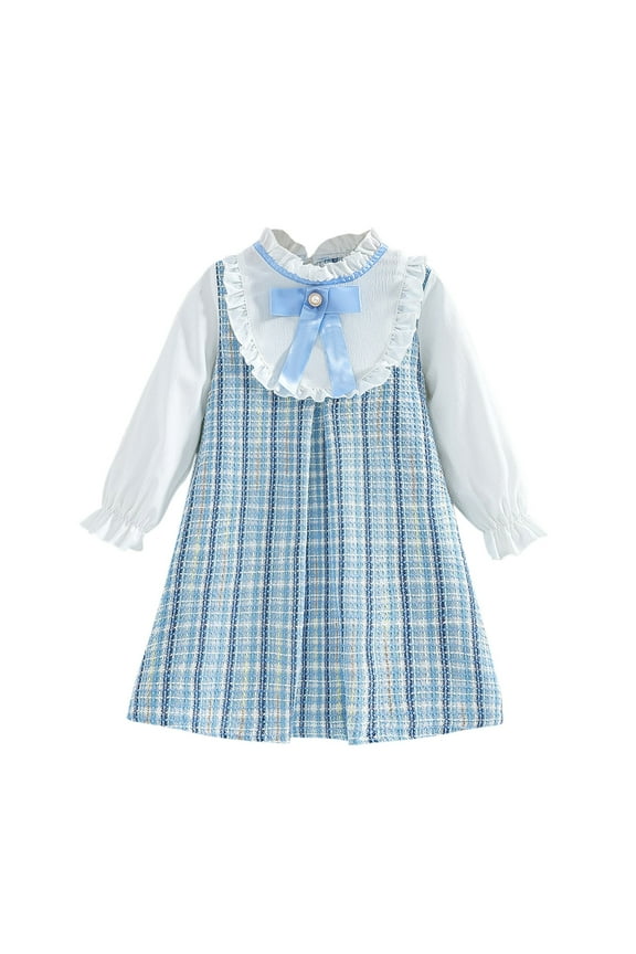 Girls' Tweed Style Dress 3-10Y - Long Sleeve Bow Accent Plaid Dress Chic Holiday & Photo Shoot Outfit