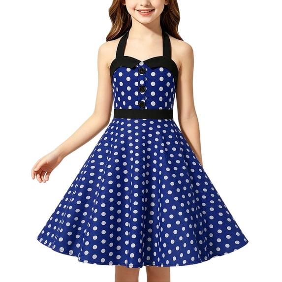 Fancifize Girls Vintage Halter Sleeveless Dress Kids High Waist Y2K Swing A-Line Midi Blue Polka Dot Dresses S
