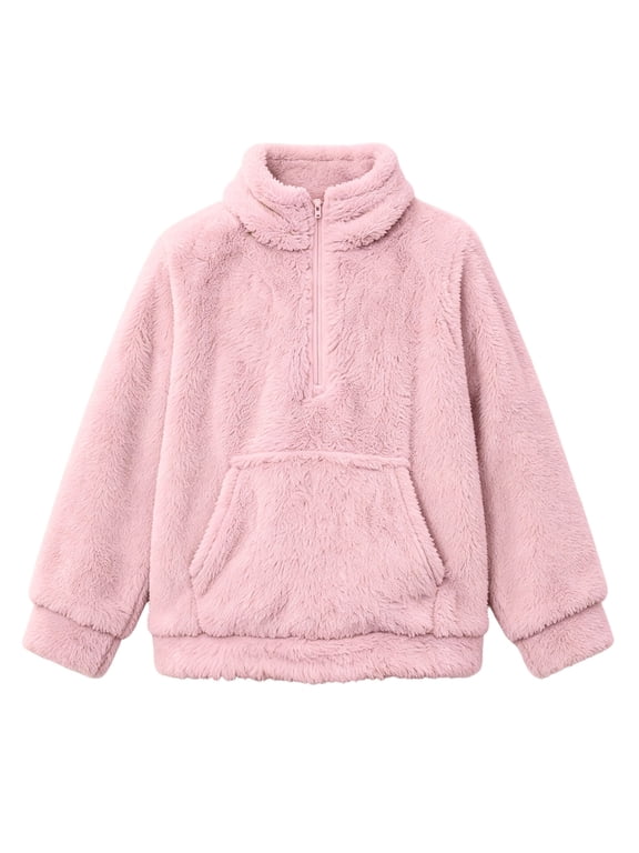 Half Zip Sherpa Fleece Sweatshirts for Boys Girls, Mock Neck Fuzzy Warm Pullover Tops with Pockets, 3-14 Years
