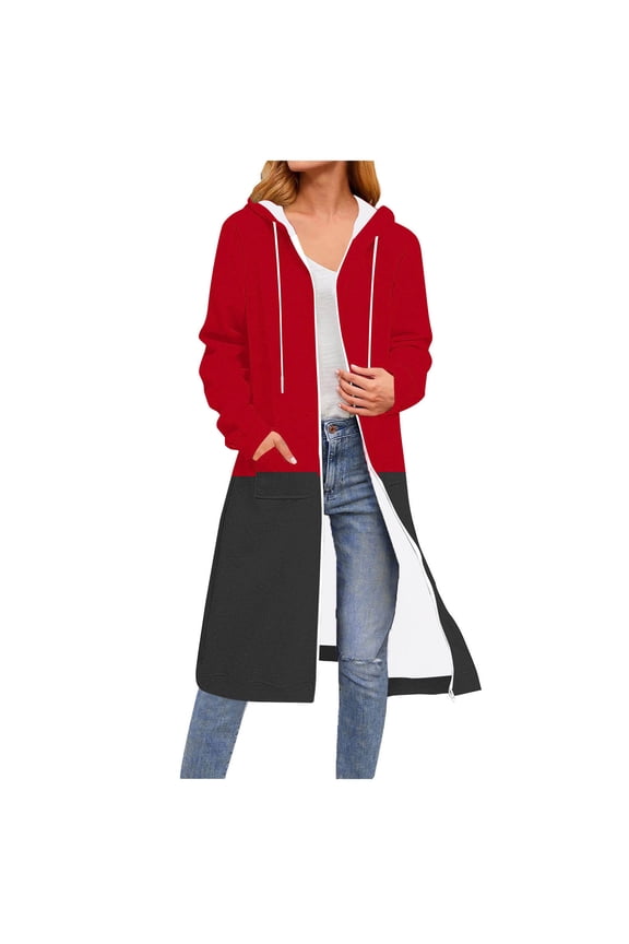 Hoodie for Women Long Tunic Hooded Sweatshirt Casual Oversized Color Block Zip Up Jacket Fleece Fall Winter Coat With Pocket