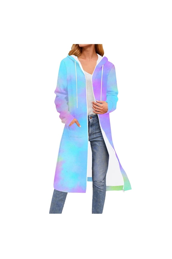 Hoodies for Women Zip Up Fleece Long Jacket Tie-Dye Tunic Sweatshirts Fall Winter Fashion Clothes Outwear With Pocket