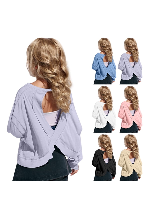 Kid's Open Back Sweatshirts Backless Long Sleeve Shirts Crewneck Workout Tops Casual Athletic Y2k Yoga Outfits
