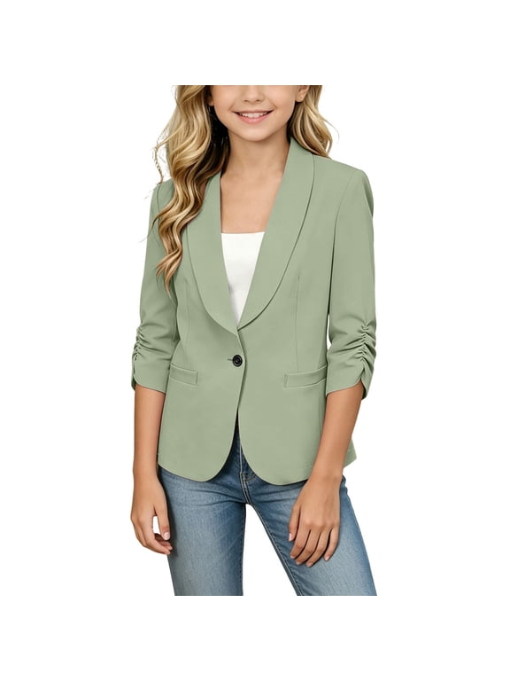 Kids Blazer for Girls 3/4 Sleeve Shawl Collar Graduation Formal Blazers Open Front School Uniform Jackets 4-15Y