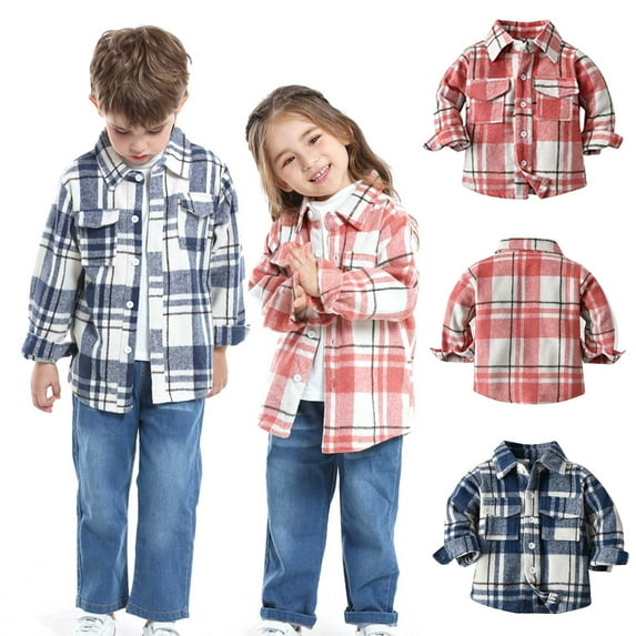 Fancifize Kids Button Down Plaid Shirt Shacket Hooded Long Sleeve Shirt Jacket Fall Winter Warm Coat Casual Outwear for Boys Girls