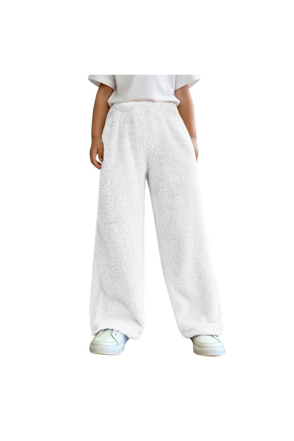 Kids Fuzzy Sherpa Pants Warm Elastic Waist Bagyy Straight Leg Pants Loose Casual Winter Outdoor Trousers with Pocket for Girls Boys
