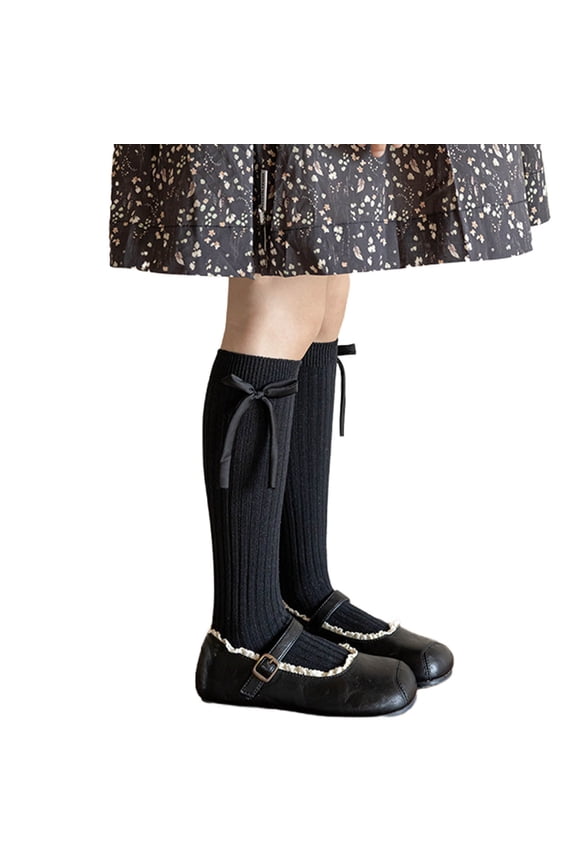 Kids Girl Mid-calf Knee High Socks Casual Ribbed Socks Cute Bow Print Soft Dress Socks School Uniform 6-14 Years