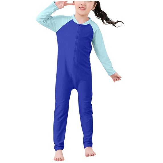 Fancifize Kids Girls Color Block One Piece Swimsuit Swimwear Long Sleeve Rash Guard Sunsuit Wetsuit Beachwear Zipper Bathing Suit 3-10Y
