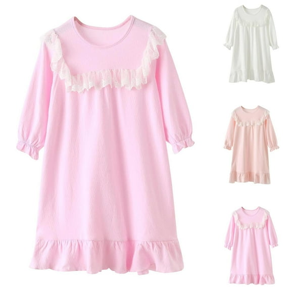 Fancifize Kids Girls Lace Nightgown Crew Neck 3/4 Sleeve Pajama Dress with Ruffle Hem Casual Cotton Comfortable Sleepwear Loungewear 3-15 Years