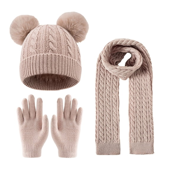 Fancifize Kids Knit Hat Gloves Scarf Set, Cozy Beanie Hats with Pom Warm Mittens Jacquard Scarfs, 3PC Winter Outfits Sets 3-12Y